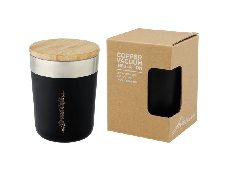 Lagan koperen vacuüm geïsoleerde roestvrijstalen beker van 300 ml met bamboe deksel Lagan koperen vacuüm geïsoleerde roestvrijstalen beker van 300 ml met bamboe deksel
