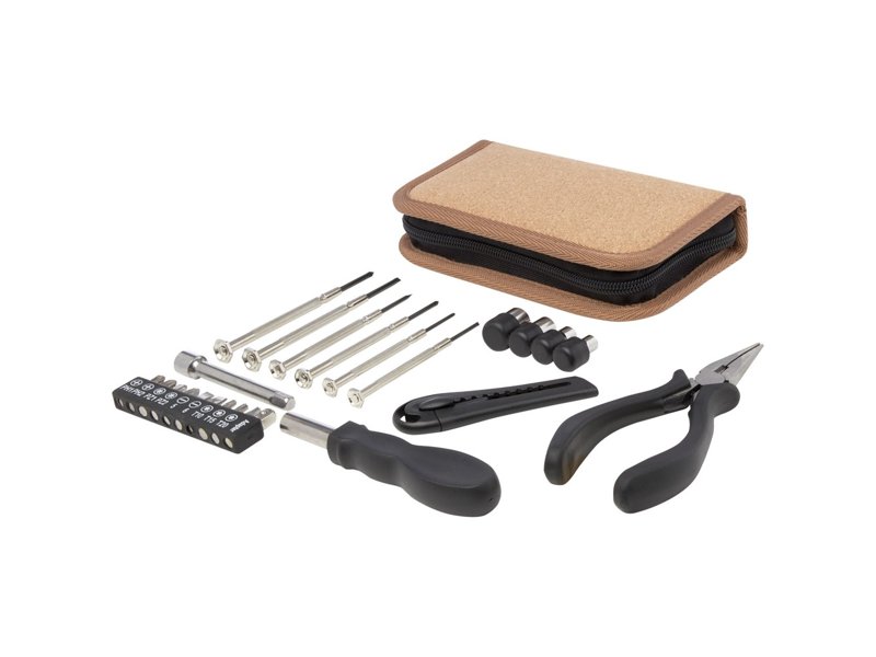 Spike 24-delige gereedschapsset van RCS gerecycled plastic met kurkzakje Spike 24-delige gereedschapsset van RCS gerecycled plastic met kurkzakje