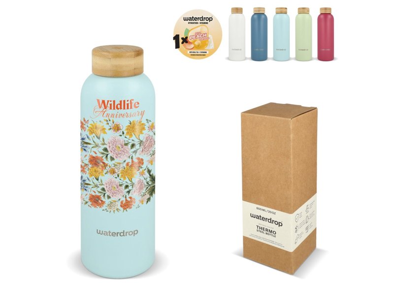 Waterdrop Roestvrijstalen Fles met Bamboe dop 600ml Waterdrop Roestvrijstalen Fles met Bamboe dop 600ml