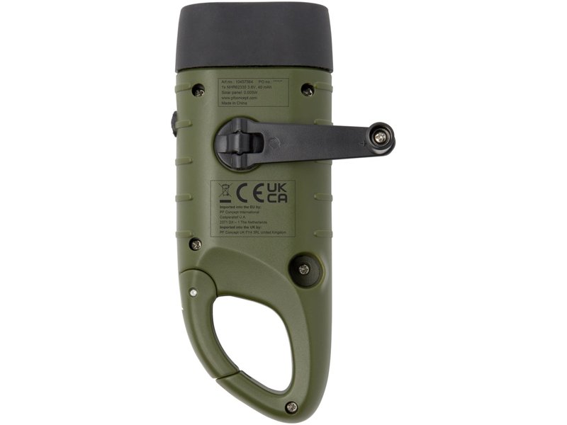 Helios zaklamp met zonnedynamo van gerecycled plastic met karabijnhaak