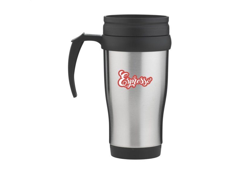 Voordelige RVS/kunststof thermobeker met schroefdop.