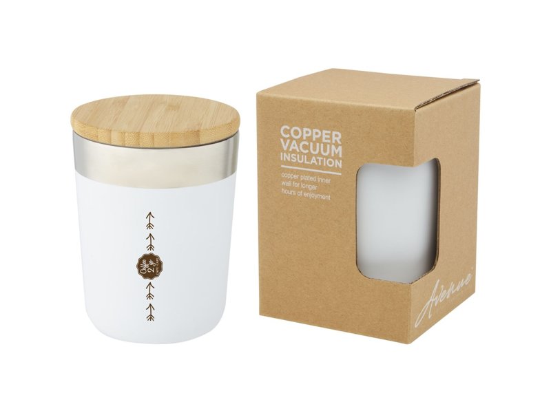 Lagan koperen vacuüm geïsoleerde roestvrijstalen beker van 300 ml met bamboe deksel Lagan koperen vacuüm geïsoleerde roestvrijstalen beker van 300 ml met bamboe deksel