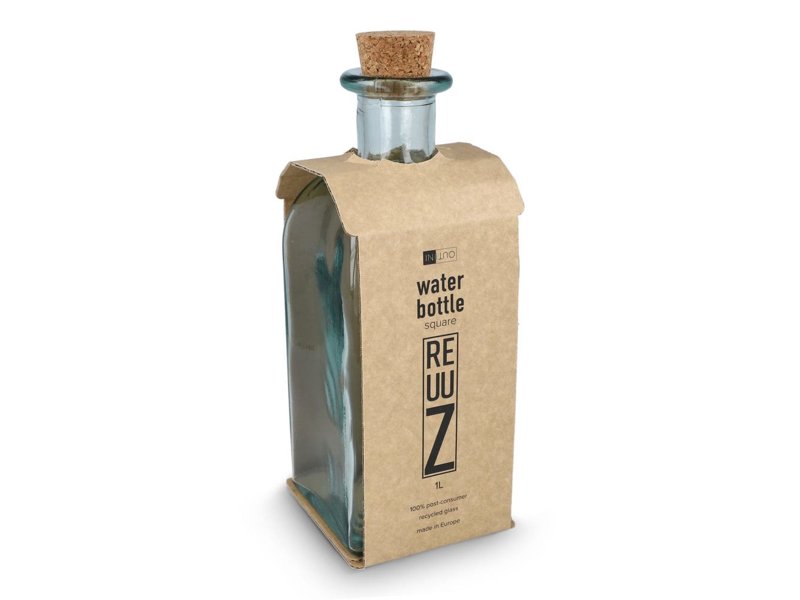InSideOut Vierkante Gerecycled glas Waterfles ReuuZ met kurkstop 1L