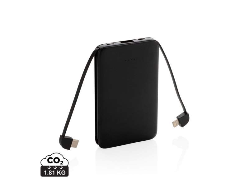 5.000 mAh zakformaat powerbank met geïntegreerde kabels