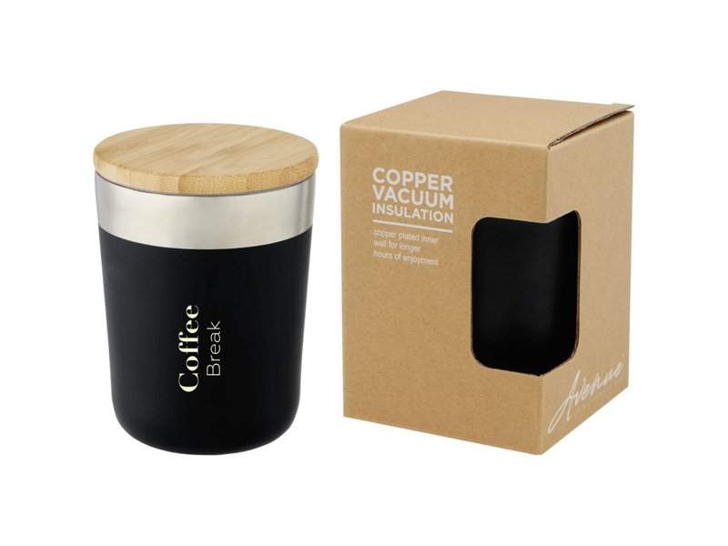 Lagan koperen vacuüm geïsoleerde roestvrijstalen beker van 300 ml met bamboe deksel Lagan koperen vacuüm geïsoleerde roestvrijstalen beker van 300 ml met bamboe deksel