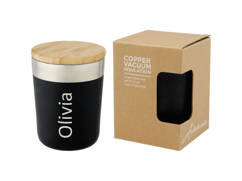 Lagan koperen vacuüm geïsoleerde roestvrijstalen beker van 300 ml met bamboe deksel Lagan koperen vacuüm geïsoleerde roestvrijstalen beker van 300 ml met bamboe deksel