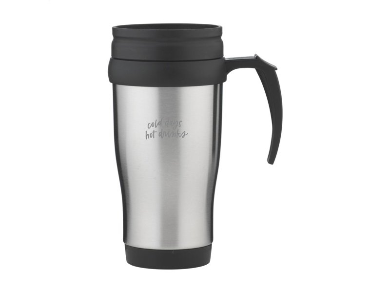 Voordelige RVS/kunststof thermobeker met schroefdop.