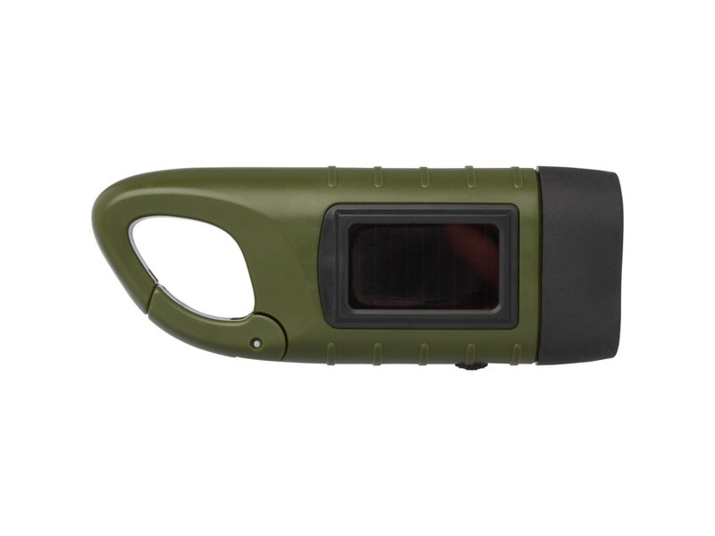 Helios zaklamp met zonnedynamo van gerecycled plastic met karabijnhaak