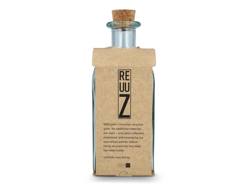 InSideOut Vierkante Gerecycled glas Waterfles ReuuZ met kurkstop 1L