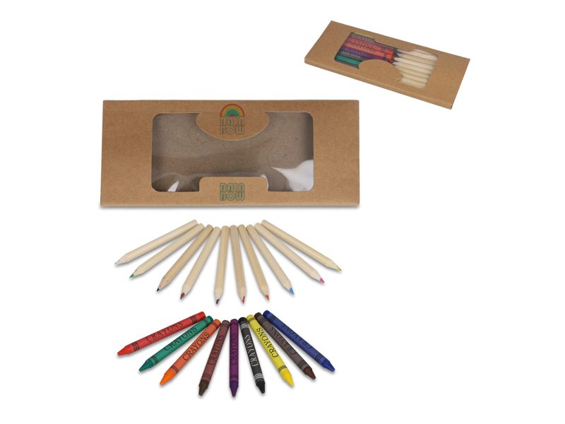 Kleurpotloden en krijtjes in kraft doosje Kleurpotloden en krijtjes in kraft doosje
