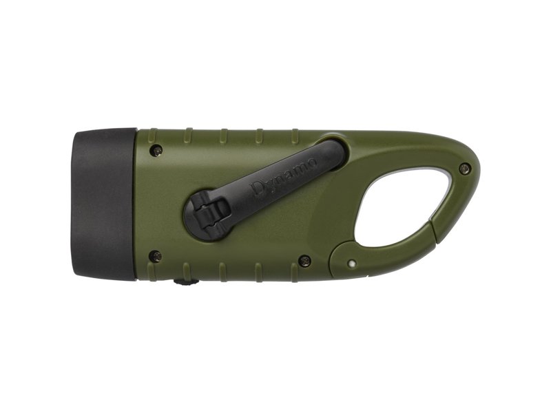 Helios zaklamp met zonnedynamo van gerecycled plastic met karabijnhaak