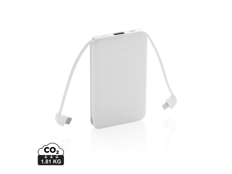 5.000 mAh zakformaat powerbank met geïntegreerde kabels