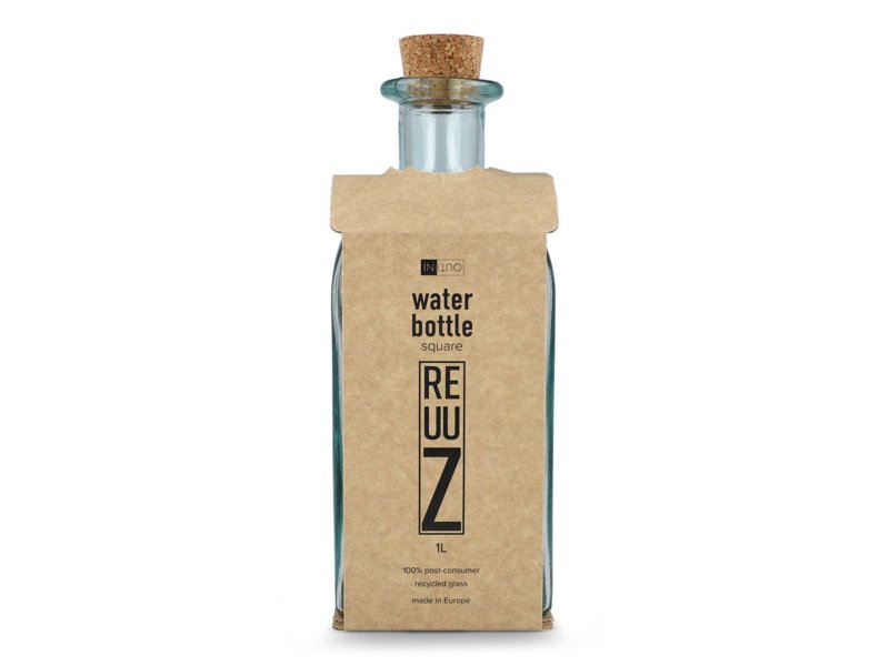 InSideOut Vierkante Gerecycled glas Waterfles ReuuZ met kurkstop 1L