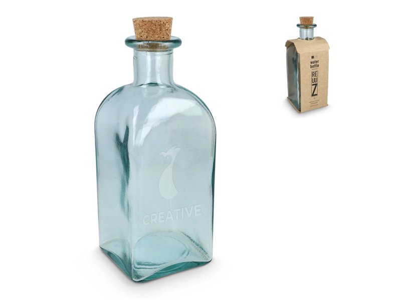 InSideOut Vierkante Gerecycled glas Waterfles ReuuZ met kurkstop 1L