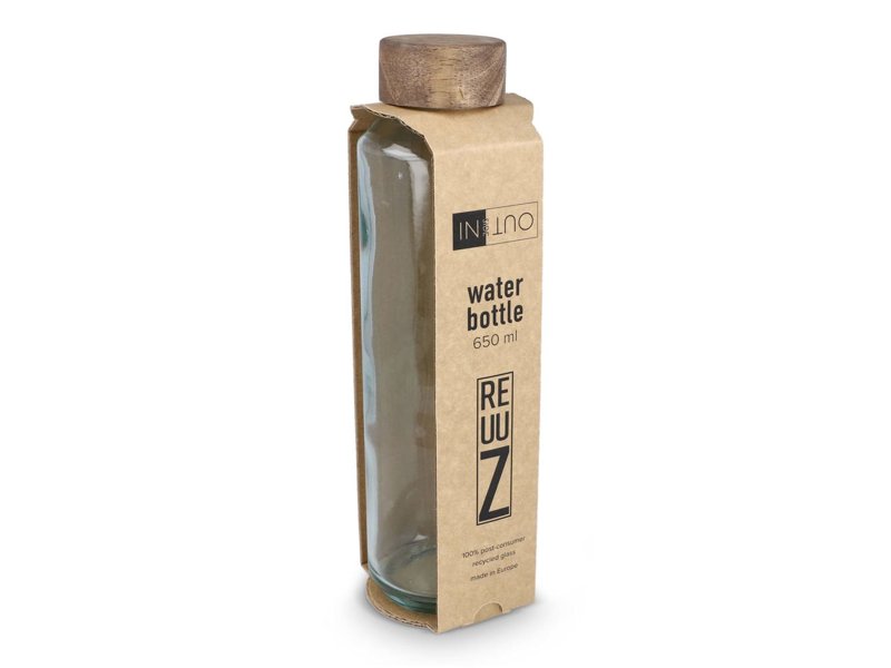 InSideOut Gerecyclede glazen Waterfles ReuuZ met houten dop 650 ml InSideOut Gerecyclede glazen Waterfles ReuuZ met houten dop 650 ml