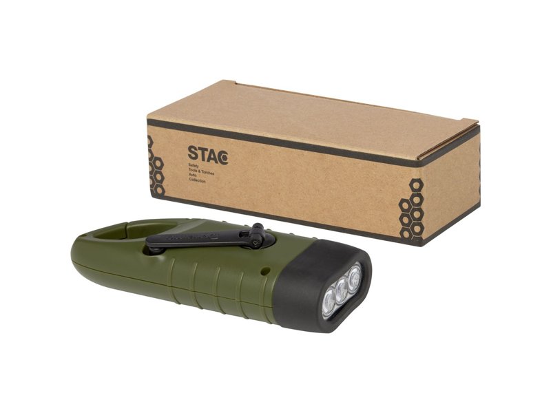 Helios zaklamp met zonnedynamo van gerecycled plastic met karabijnhaak