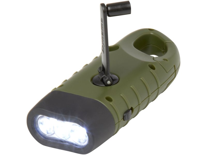 Helios zaklamp met zonnedynamo van gerecycled plastic met karabijnhaak