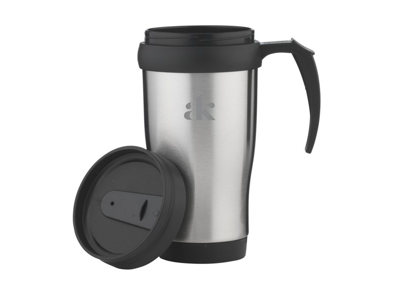 Voordelige RVS/kunststof thermobeker met schroefdop.